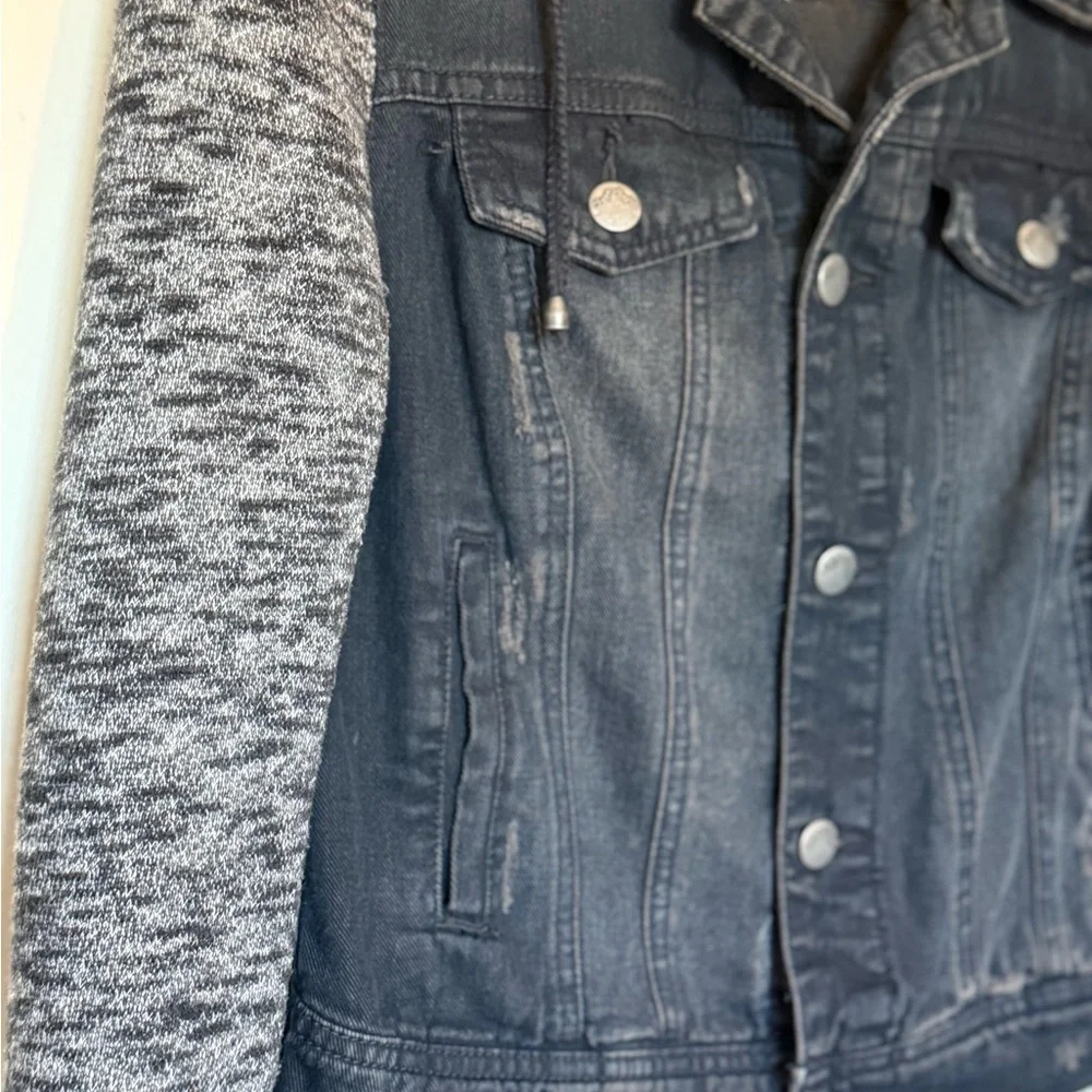 Free People Distressed Black Denim Jacket with Grey Knit Sleeves & Hood in XS